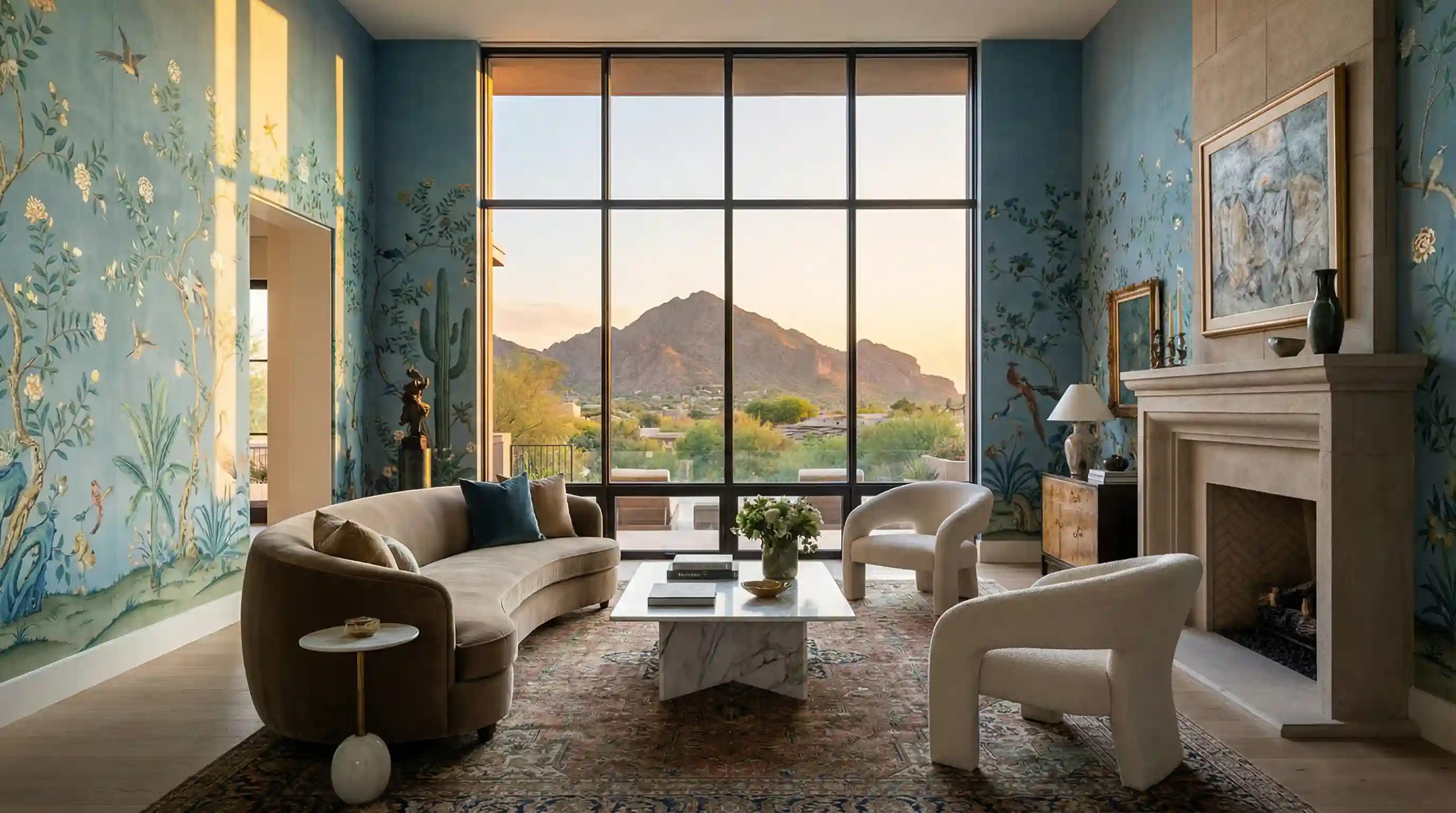 Accent wall wallpaper design in Silver Spring living room
