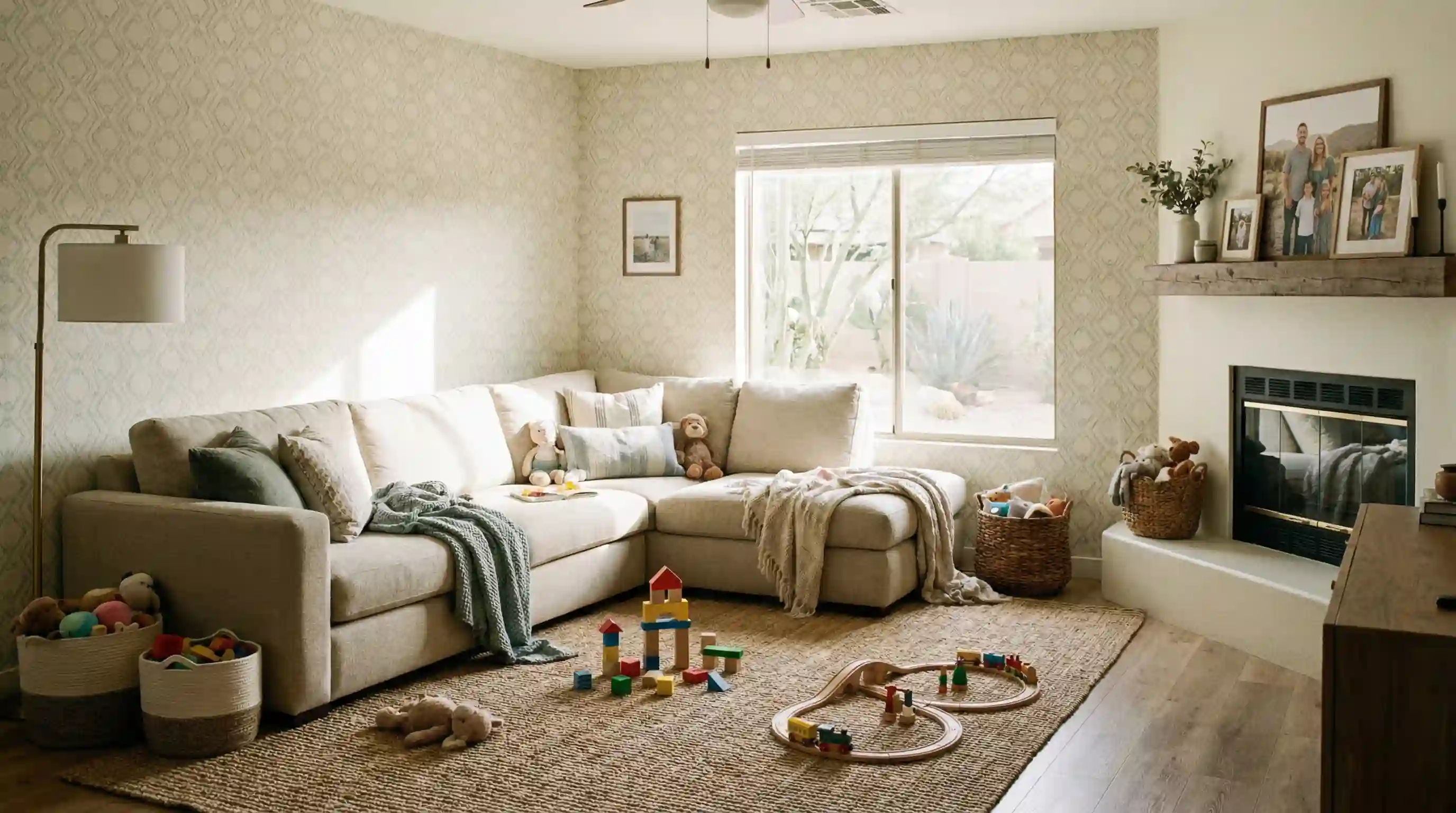Wallpaper installer carefully aligning seams in Arlington home